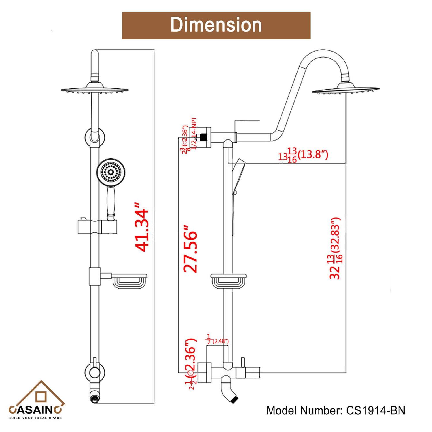 Exposed Pipe Dual Shower Head System with 3 Spray Patterns Hand Shower-CASAINC CS1914-BN - Image 4