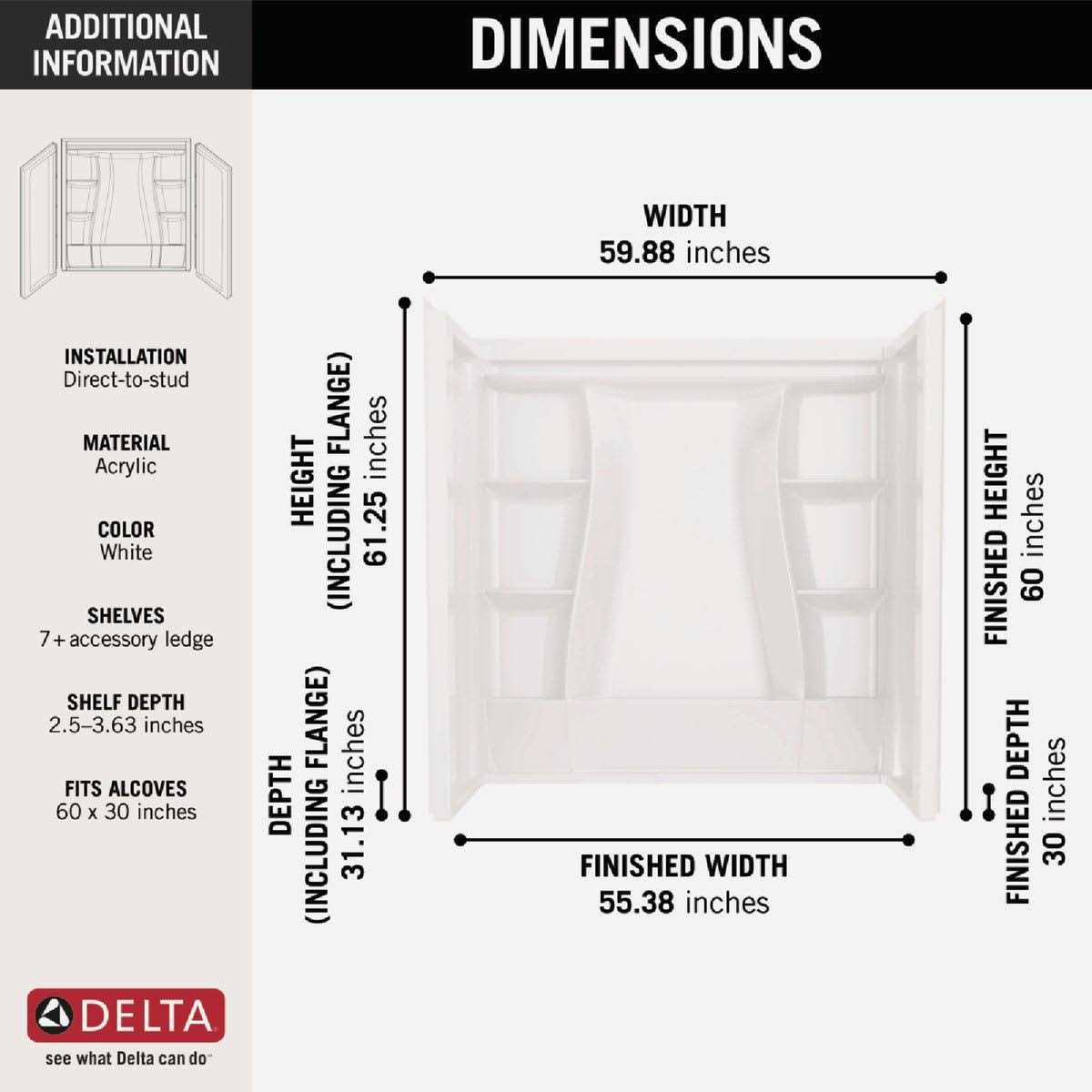 Delta Classic 500 60 in. L x 30 in. W x 61-1/4 in. H Alcove Tub Surround Kit - Image 3