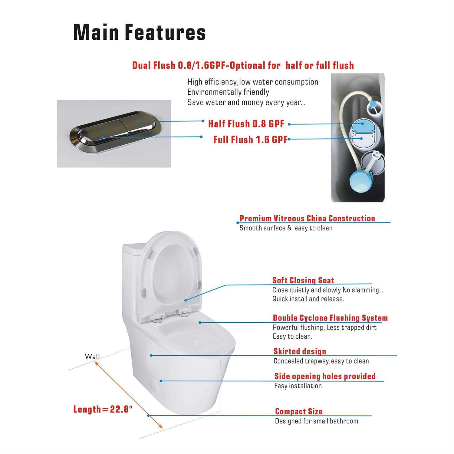 Winzo Compact One Piece Toilet 22.8 Depth Modern Short Design Dual Flush for Small Tiny Mini Bathroom 12 Rough-in,White WZ5079 - Image 5