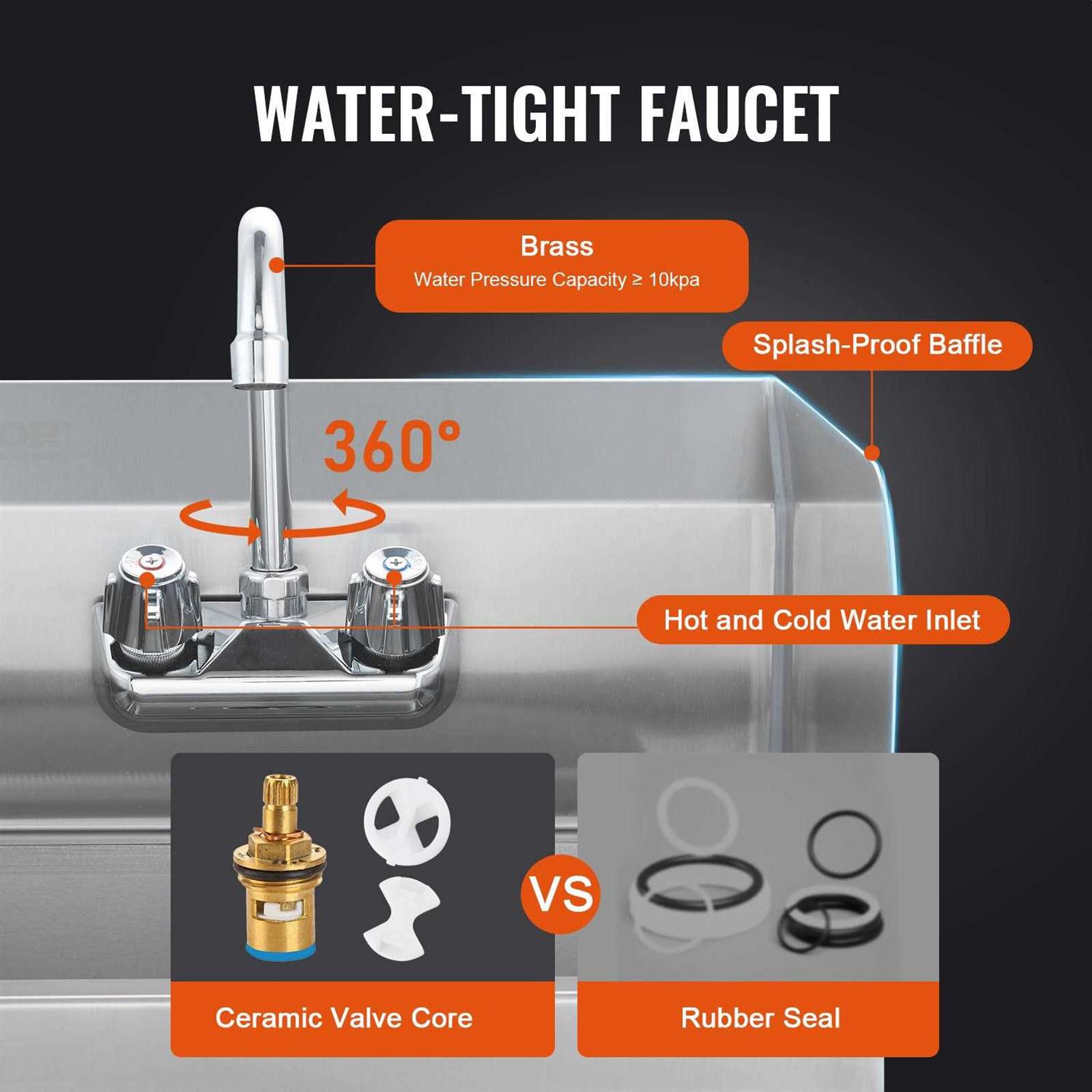 VEVOR Commercial Hand Sink with Faucet and Side Splash NSF Stainless Steel Sink for Washing - Image 2