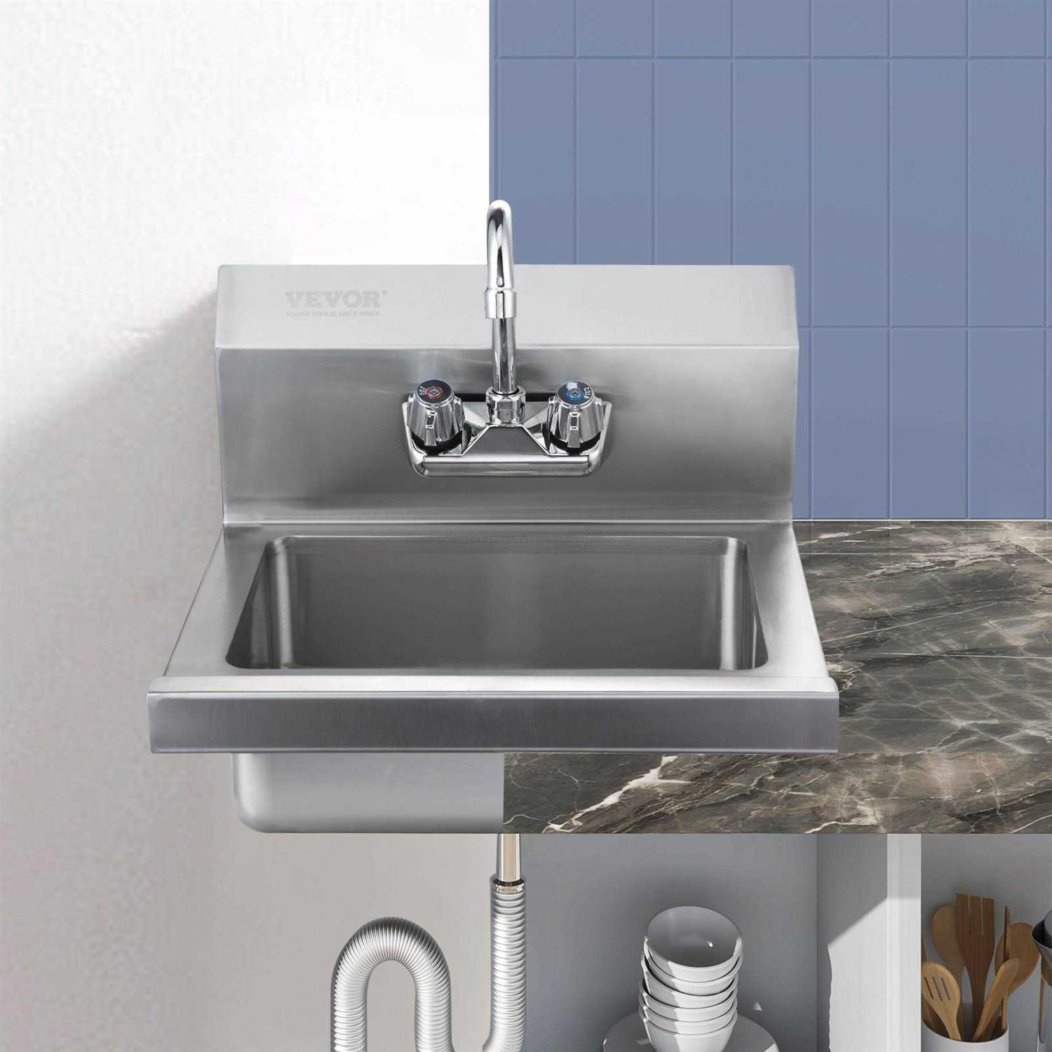 VEVOR Commercial Hand Sink with Faucet and Side Splash NSF Stainless Steel Sink for Washing - Image 3