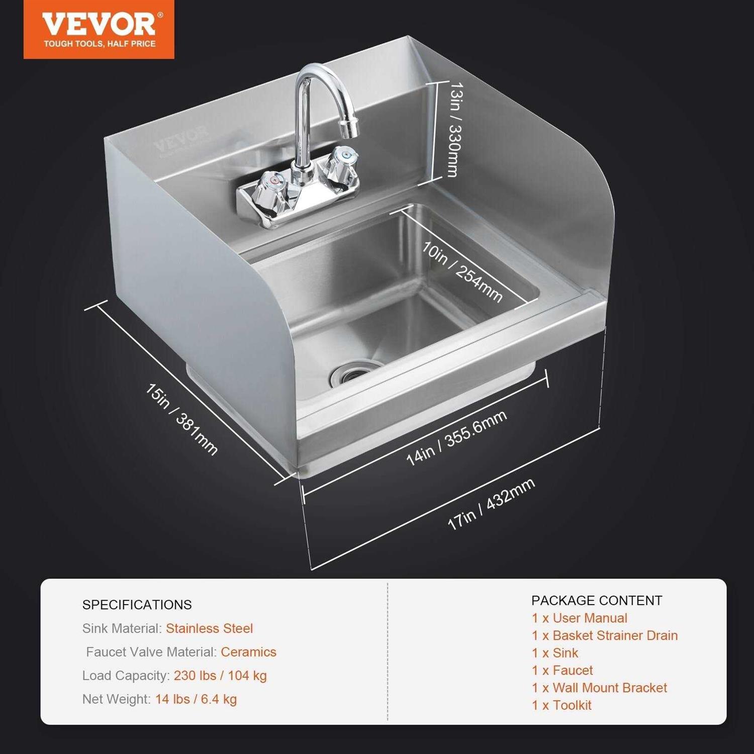 VEVOR Commercial Hand Sink with Faucet and Side Splash NSF Stainless Steel Sink for Washing - Image 5