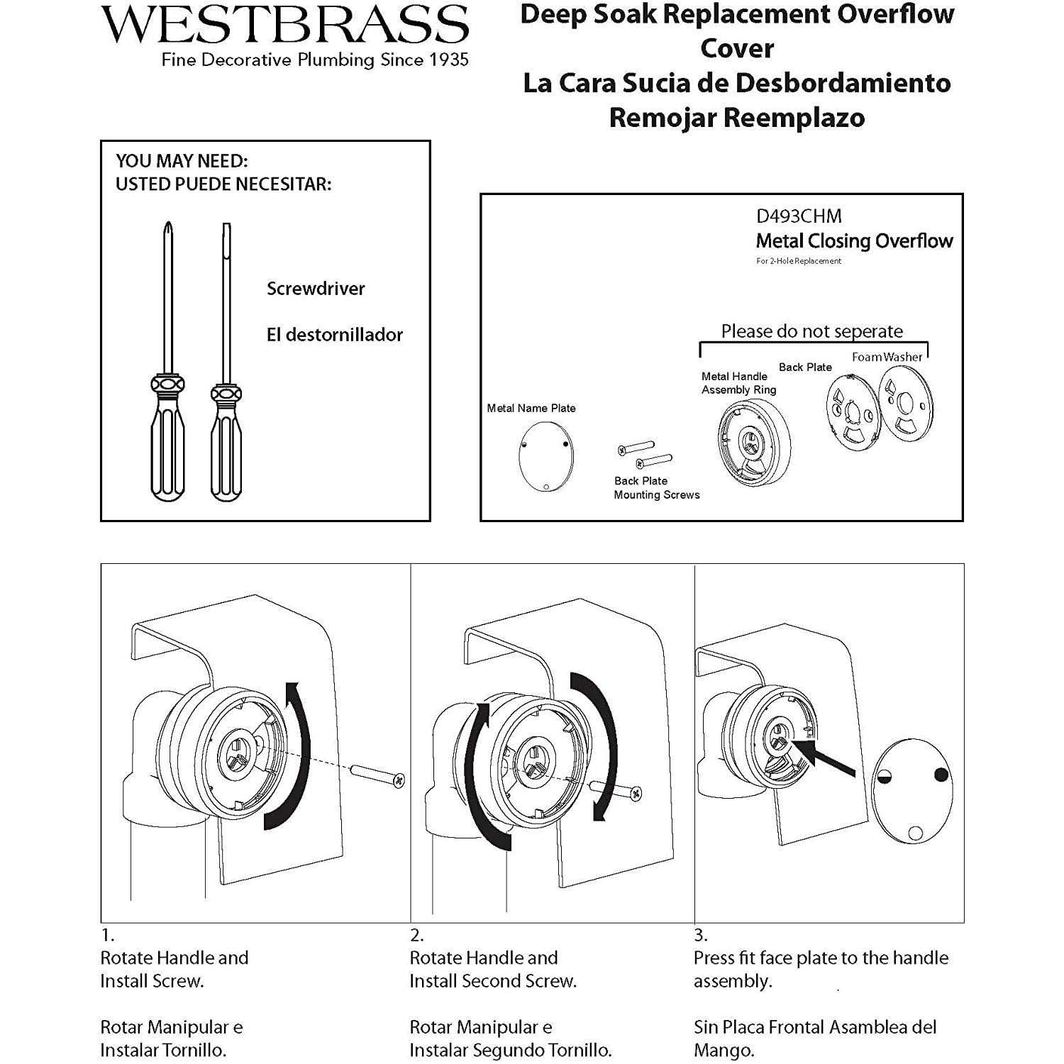 Westbrass Universal Patented Deep Soak Replacement 2-Hole Bathtub Overflow Cover D493CHM-12 - Image 3