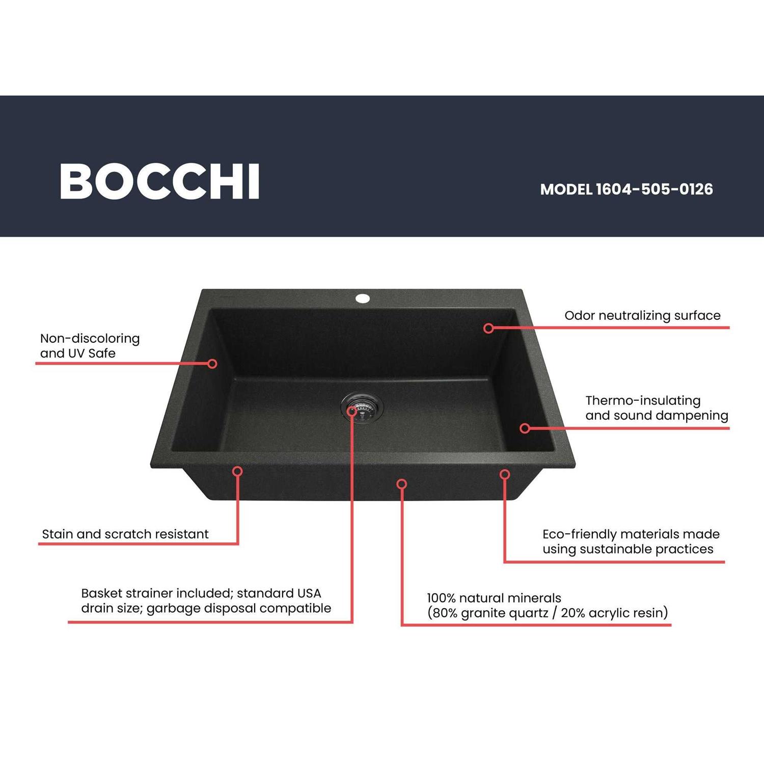 Bocchi Campino Uno 33 Single Bowl Dual Mount Granite Kitchen Sink with Strainer 1604 - Image 3