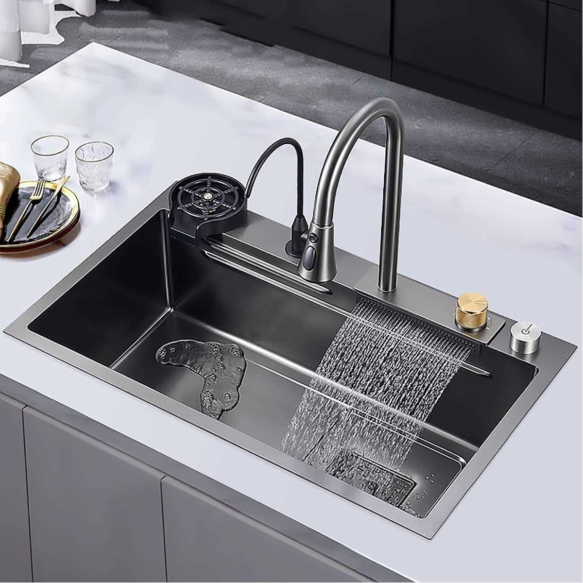 Flying Rain Stainless Steel Watefall Kitchen Sink Single Bowl w Pull Down Faucet Set Nano - Image 2
