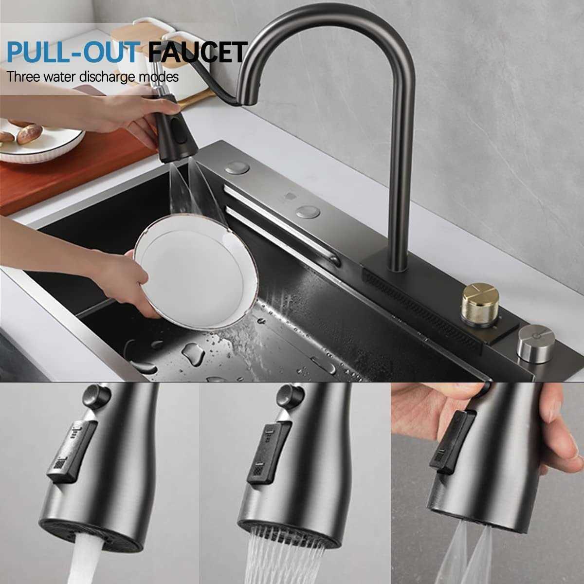 Flying Rain Stainless Steel Watefall Kitchen Sink Single Bowl w Pull Down Faucet Set Nano - Image 4