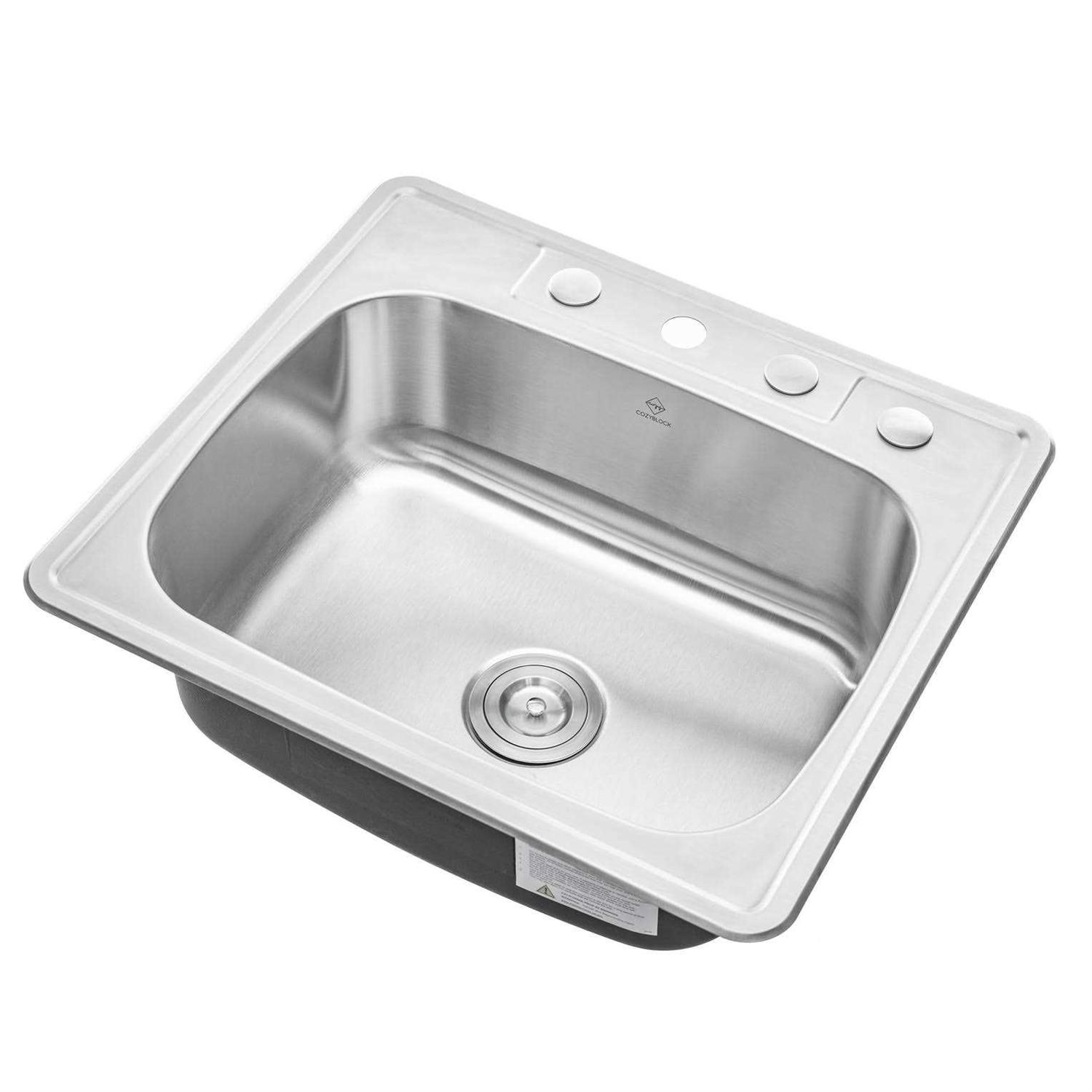 eModernDecor Top Mount Drop-in Stainless Steel 18-Gauge 25 in. x 22 in. x 9 in. Deep 4-Faucet Holes Single Bowl Kitchen Sink