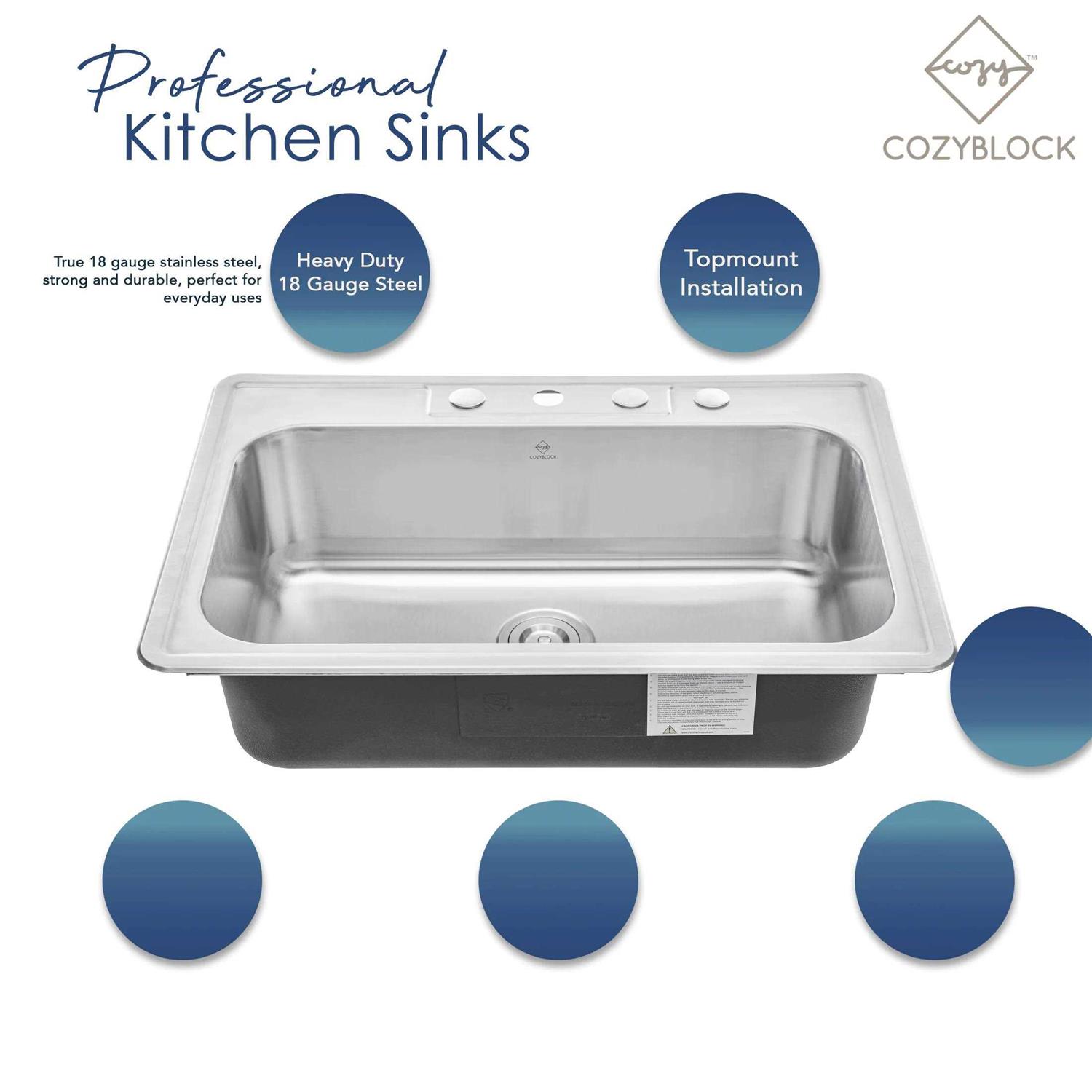 eModernDecor Top Mount Drop-in Stainless Steel 18-Gauge 25 in. x 22 in. x 9 in. Deep 4-Faucet Holes Single Bowl Kitchen Sink - Image 5