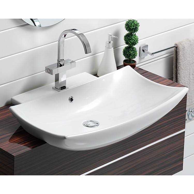 Nameeks CeraStyle 074800-U CeraStyle Curved Rectangular White Ceramic Wall Mounted or Vessel Bathroom Sink