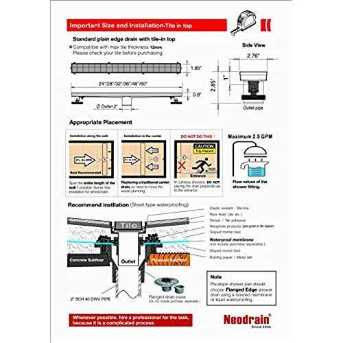 Neodrain Linear Shower Drain with 2-in-1 Flat & Tile Insert Cover - Image 3
